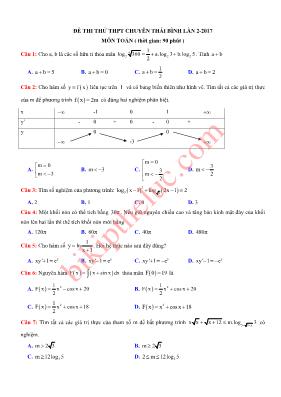 Đề thi thử THPT chuyên thái bình lần 2 năm 2017 môn Toán